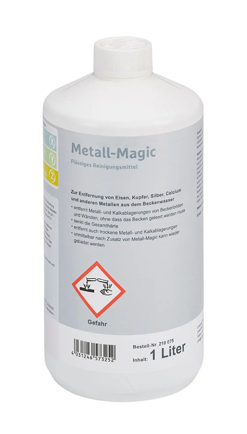 Reinigungsflüssigkeit zur Entfernung von Eisen, Kupfer, Silber und Kalkablagerungen aus Wasser. Produkt von Grünbeck, gekennzeichnet mit Gefahrensymbolen.